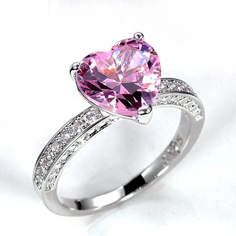 Luxury Solitaire Women Heart Engagement Rings AAA Pink Cubic Zirconia Proposal Rings For Girlfriend Anniversary Gift