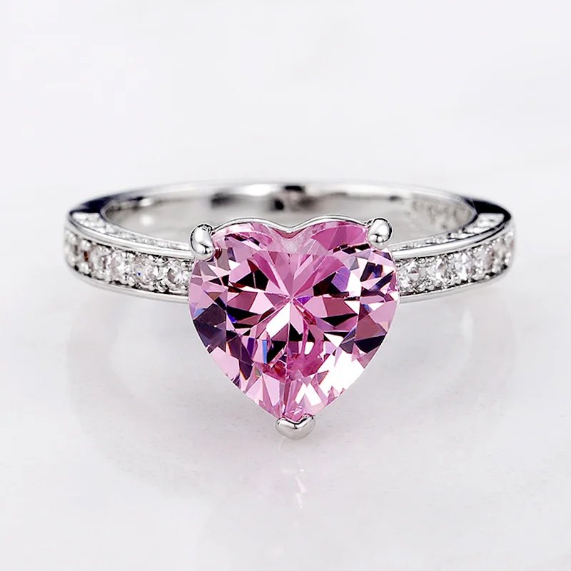 Luxury Solitaire Women Heart Engagement Rings AAA Pink Cubic Zirconia Proposal Rings For Girlfriend Anniversary Gift