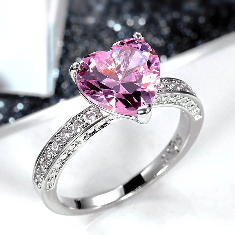 Luxury Solitaire Women Heart Engagement Rings AAA Pink Cubic Zirconia Proposal Rings For Girlfriend Anniversary Gift