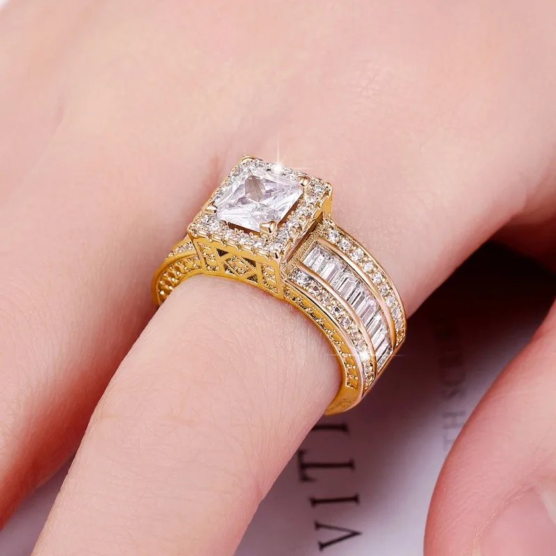 Princess Cut Cubic Zirconia Women Rings Gold Color/Silver Color Luxury Wedding Party Accessories Fashion Jewelry Size5-13 Princess Cut Cubic Zirconia Women Rings Gold Color/Silver Color Luxury Wedding Party Accessories Fashion Jewelry Size5-13