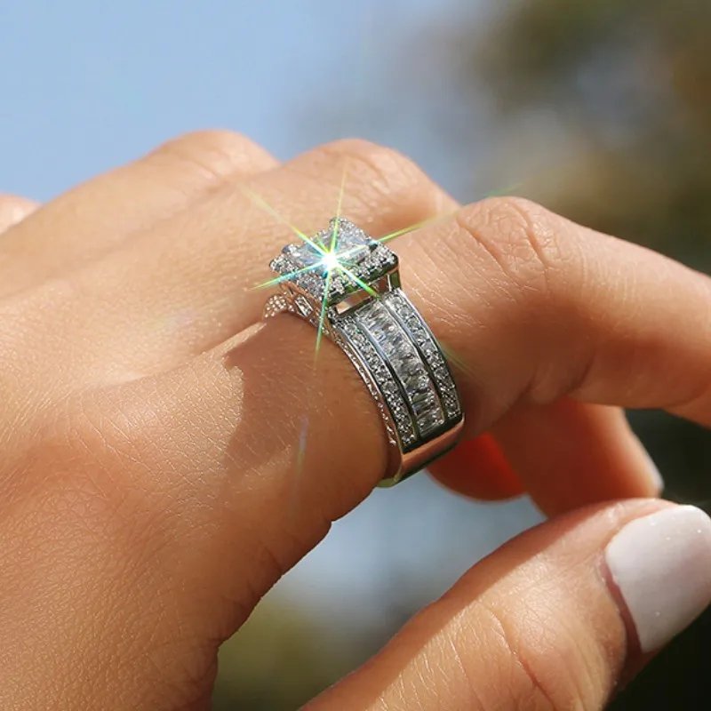 Princess Cut Cubic Zirconia Women Rings Gold Color/Silver Color Luxury Wedding Party Accessories Fashion Jewelry Size5-13 Princess Cut Cubic Zirconia Women Rings Gold Color/Silver Color Luxury Wedding Party Accessories Fashion Jewelry Size5-13