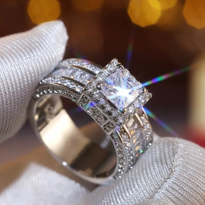 Princess Cut Cubic Zirconia Women Rings Gold Color/Silver Color Luxury Wedding Party Accessories Fashion Jewelry Size5-13 Princess Cut Cubic Zirconia Women Rings Gold Color/Silver Color Luxury Wedding Party Accessories Fashion Jewelry Size5-13