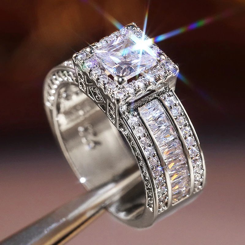 Princess Cut Cubic Zirconia Women Rings Gold Color/Silver Color Luxury Wedding Party Accessories Fashion Jewelry Size5-13 Princess Cut Cubic Zirconia Women Rings Gold Color/Silver Color Luxury Wedding Party Accessories Fashion Jewelry Size5-13