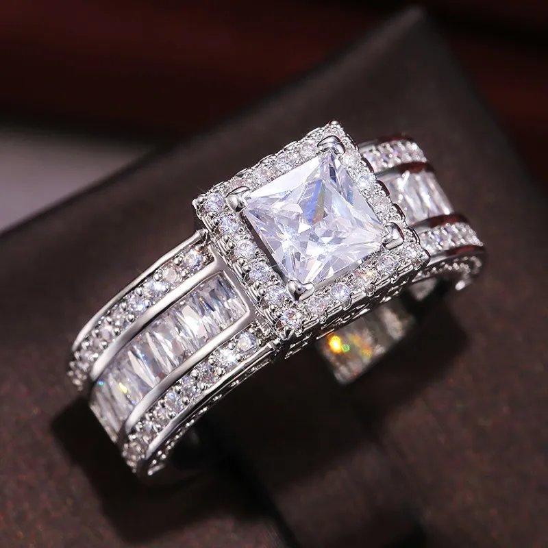 Princess Cut Cubic Zirconia Women Rings Gold Color/Silver Color Luxury Wedding Party Accessories Fashion Jewelry Size5-13 Princess Cut Cubic Zirconia Women Rings Gold Color/Silver Color Luxury Wedding Party Accessories Fashion Jewelry Size5-13