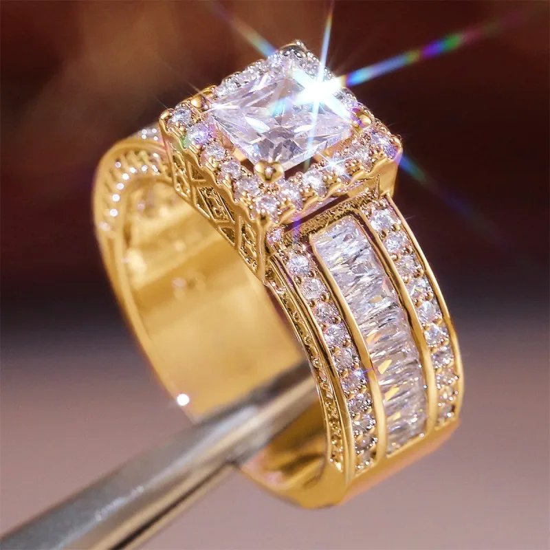 Princess Cut Cubic Zirconia Women Rings Gold Color/Silver Color Luxury Wedding Party Accessories Fashion Jewelry Size5-13 Princess Cut Cubic Zirconia Women Rings Gold Color/Silver Color Luxury Wedding Party Accessories Fashion Jewelry Size5-13