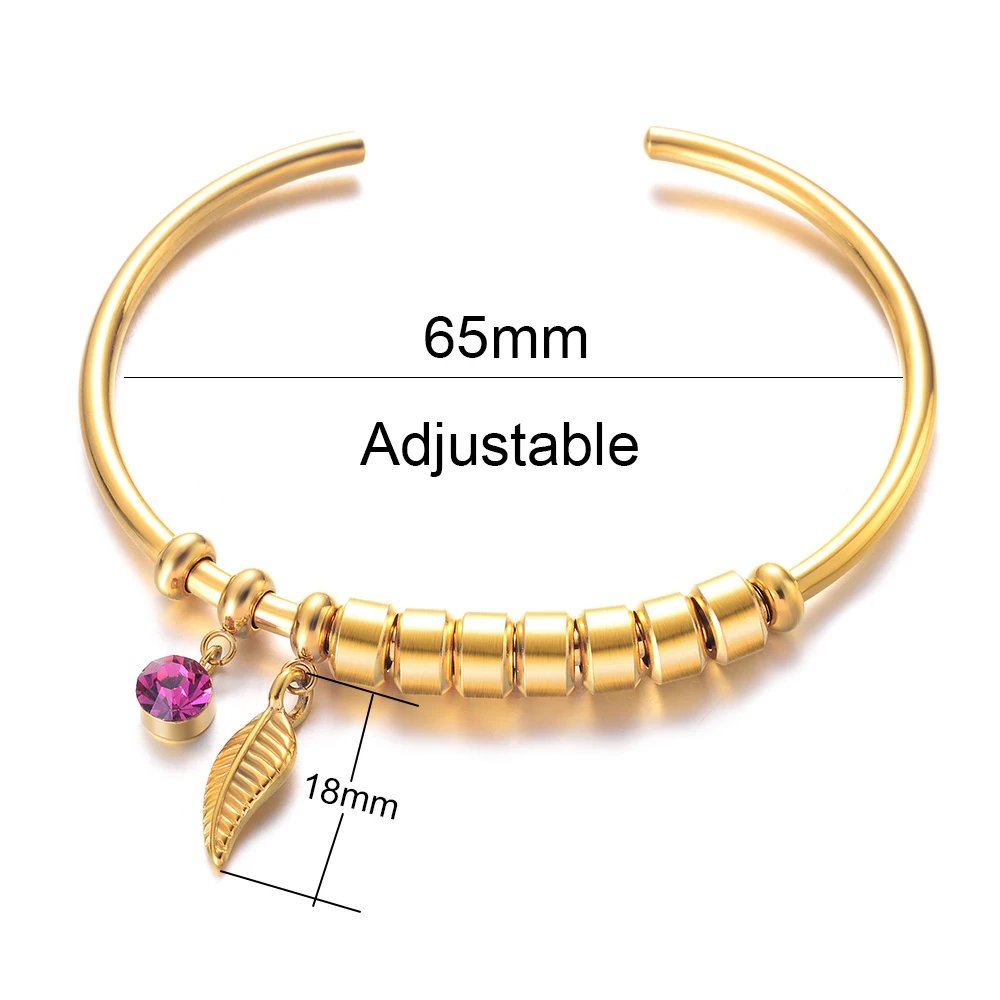 Customized Names Bracelet for Women with 12 Colors Birthstone Bohemia Leaf Bangles Personalized Stainless Steel Open Cuff Gifts