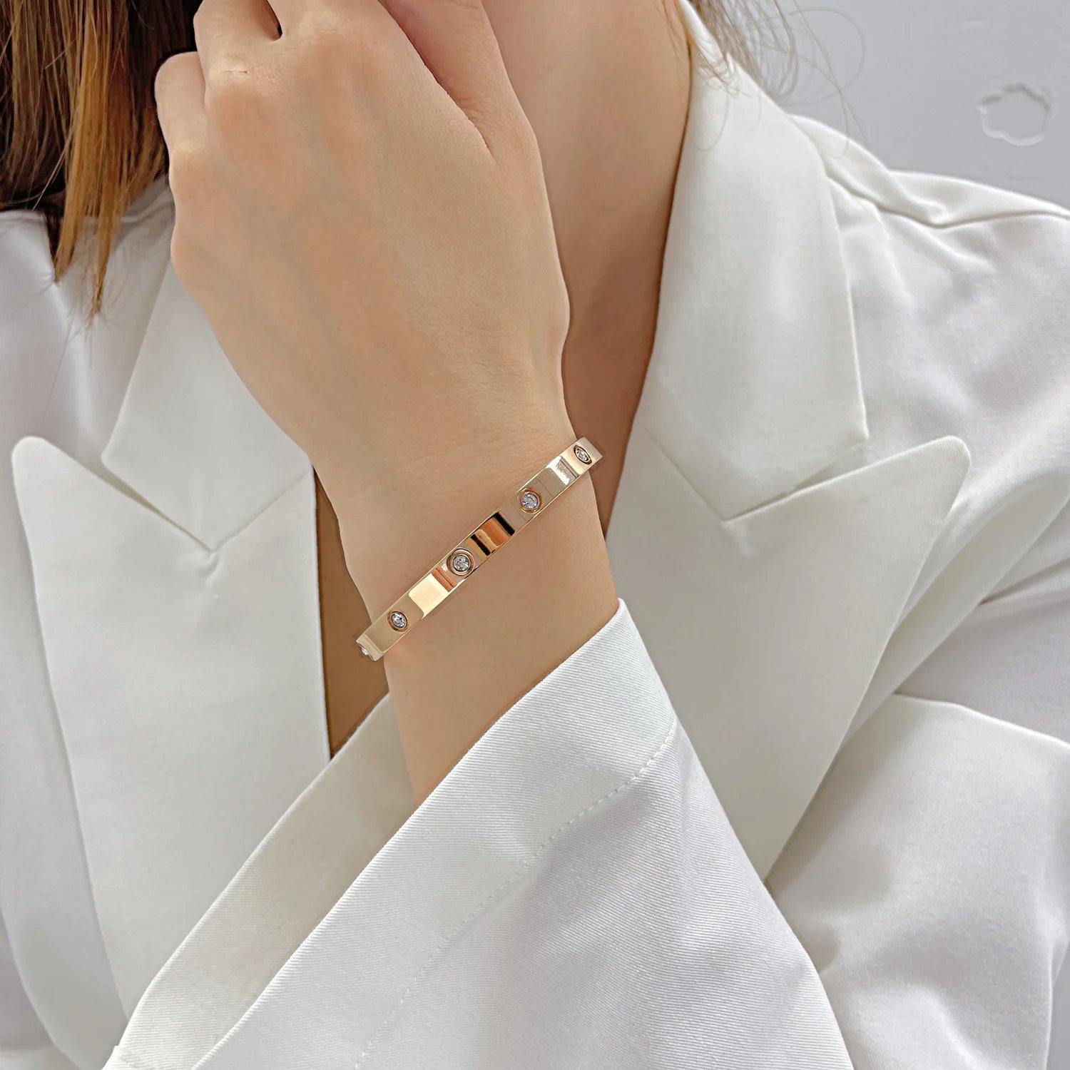New Design Gold Color Zircon And Cross Nut Nail Bracelet & Bangle For Woman Stainless Steel Screw Brand Jewelry Dropshipping