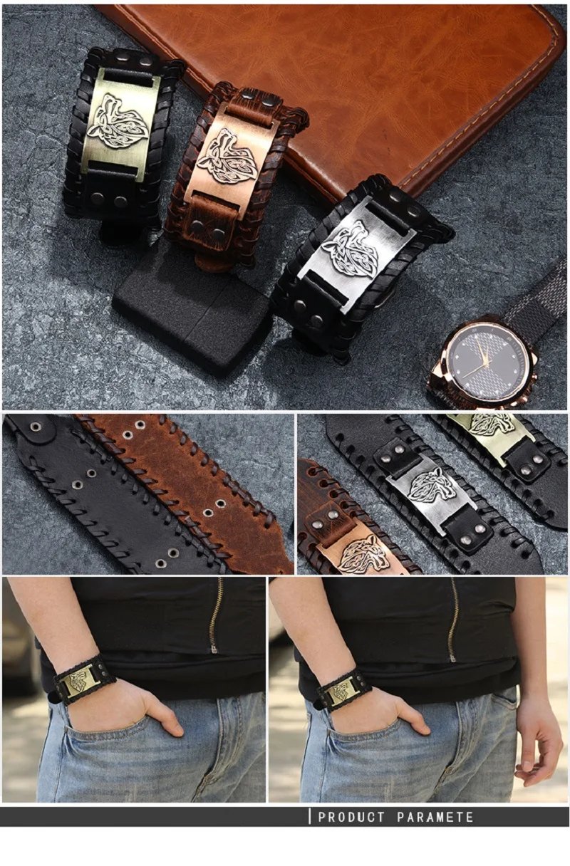 Vintage Viking Leather Braided Bracelet for Men Celtic Wolf Head Bracelets Classic Animal Motifs Jewelry On The Hand Accessories