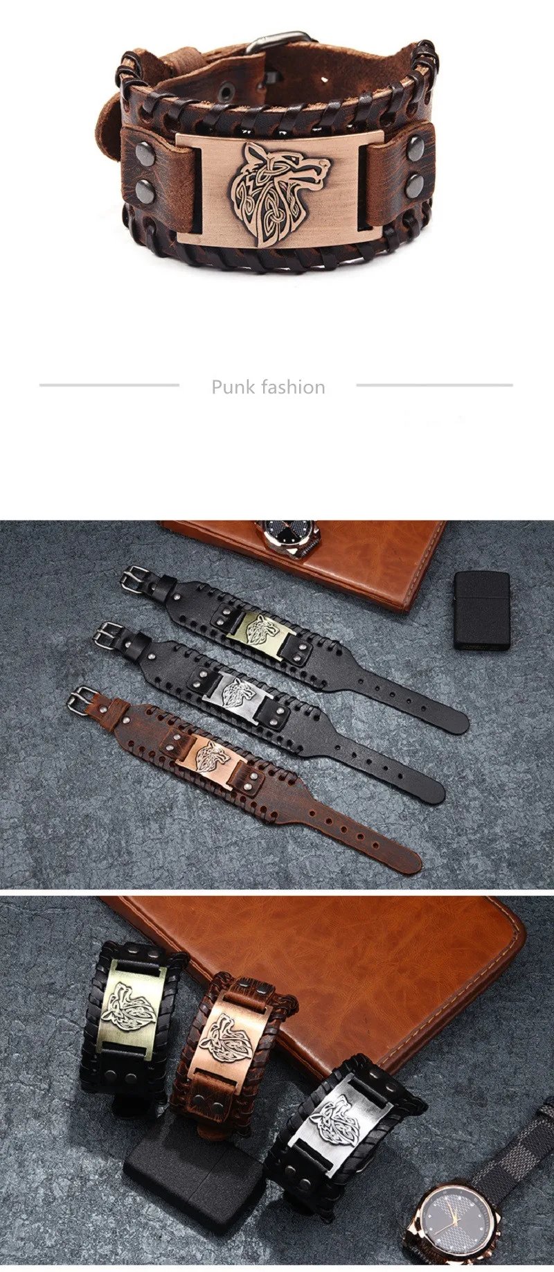 Vintage Viking Leather Braided Bracelet for Men Celtic Wolf Head Bracelets Classic Animal Motifs Jewelry On The Hand Accessories