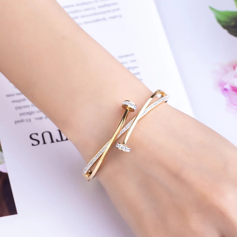 New Unique Double Crystal Nail Head Cross Stainless Steel Bracelet For Woman Love Wedding Gift Bangle Jewelry Wholesale New Unique Double Crystal Nail Head Cross Stainless Steel Bracelet For Woman Love Wedding Gift Bangle Jewelry Wholesale