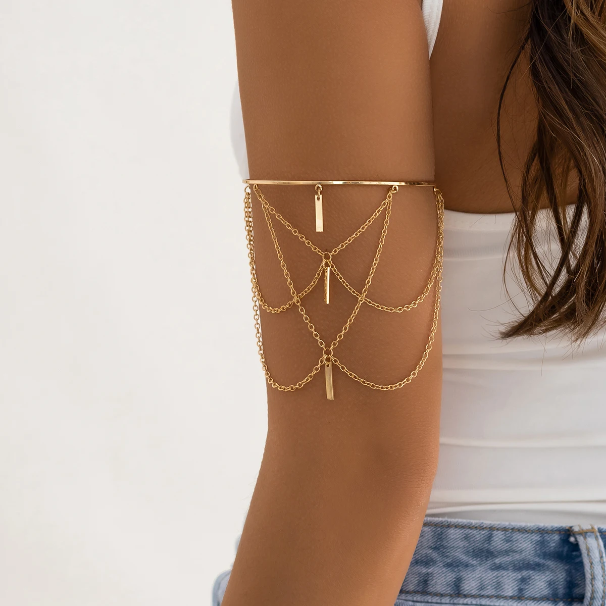 Gold Color Open Upper Arm Bracelet Women's Jewelry Rectangle Stick Charm Tassel Arm Bangle Party Summer Accessories New Gold Color Open Upper Arm Bracelet Women's Jewelry Rectangle Stick Charm Tassel Arm Bangle Party Summer Accessories New
