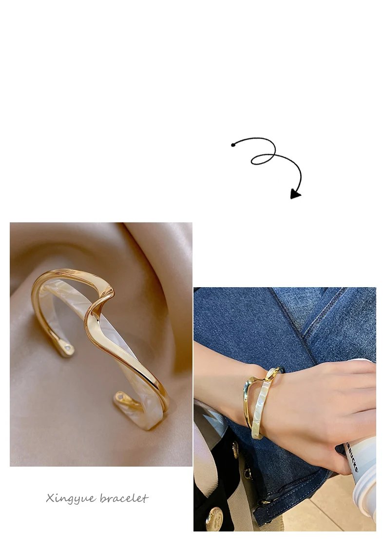 2024 NEW Simple White Shellfish Board Bend Metal Geometric Overlap Acetic Resin Open Bangle for Women Girls Jewellery 2024 NEW Simple White Shellfish Board Bend Metal Geometric Overlap Acetic Resin Open Bangle for Women Girls Jewellery