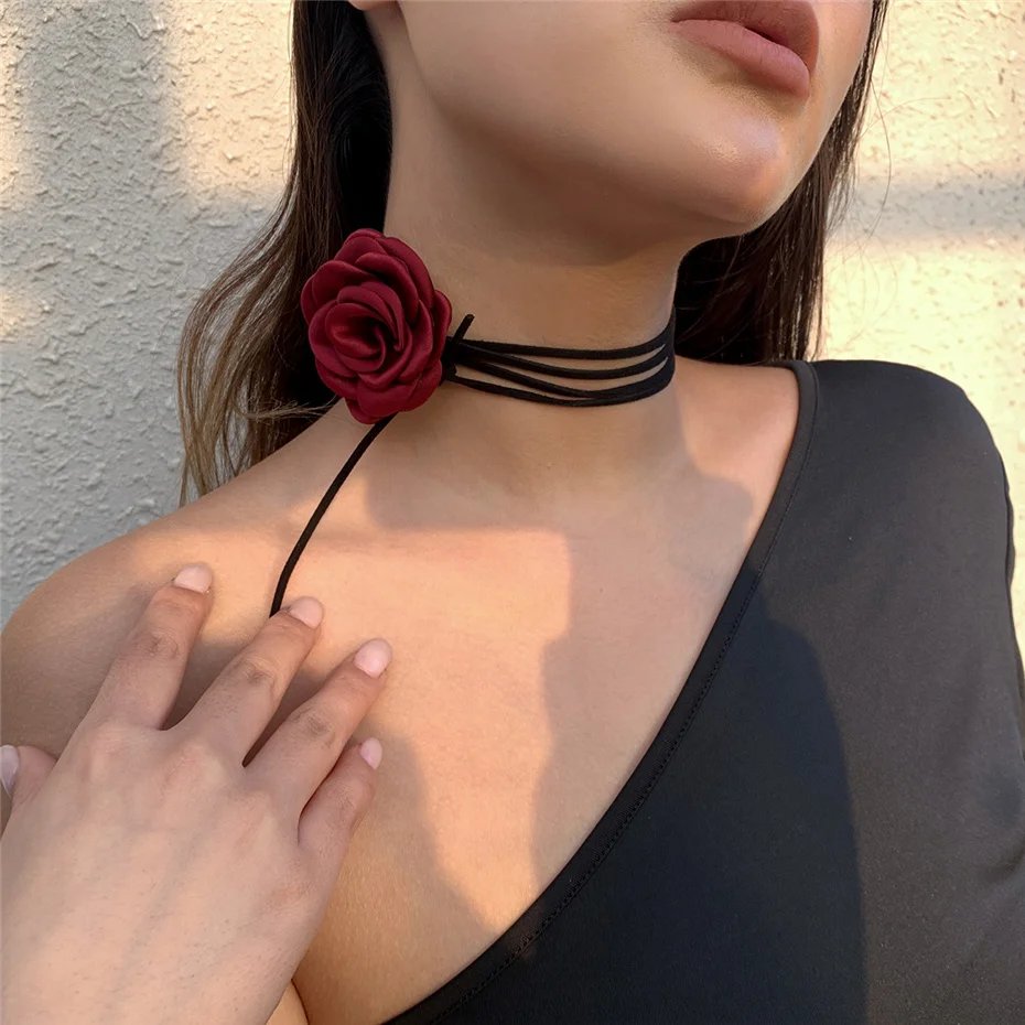 Romantic Gothic Big Rose Flower Clavicle Chain Necklace for Women Ladies Korean Fashion Adjustable Rope Choker Y2K Accessories