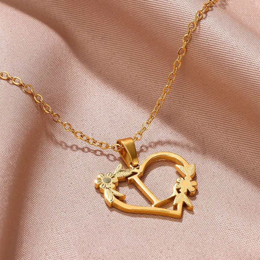 Gold Color Dainty Flower Initials Necklace Women Girl Stainless Steel Heart Letter Choker Necklace Best Gifts Alphabet Jewelry