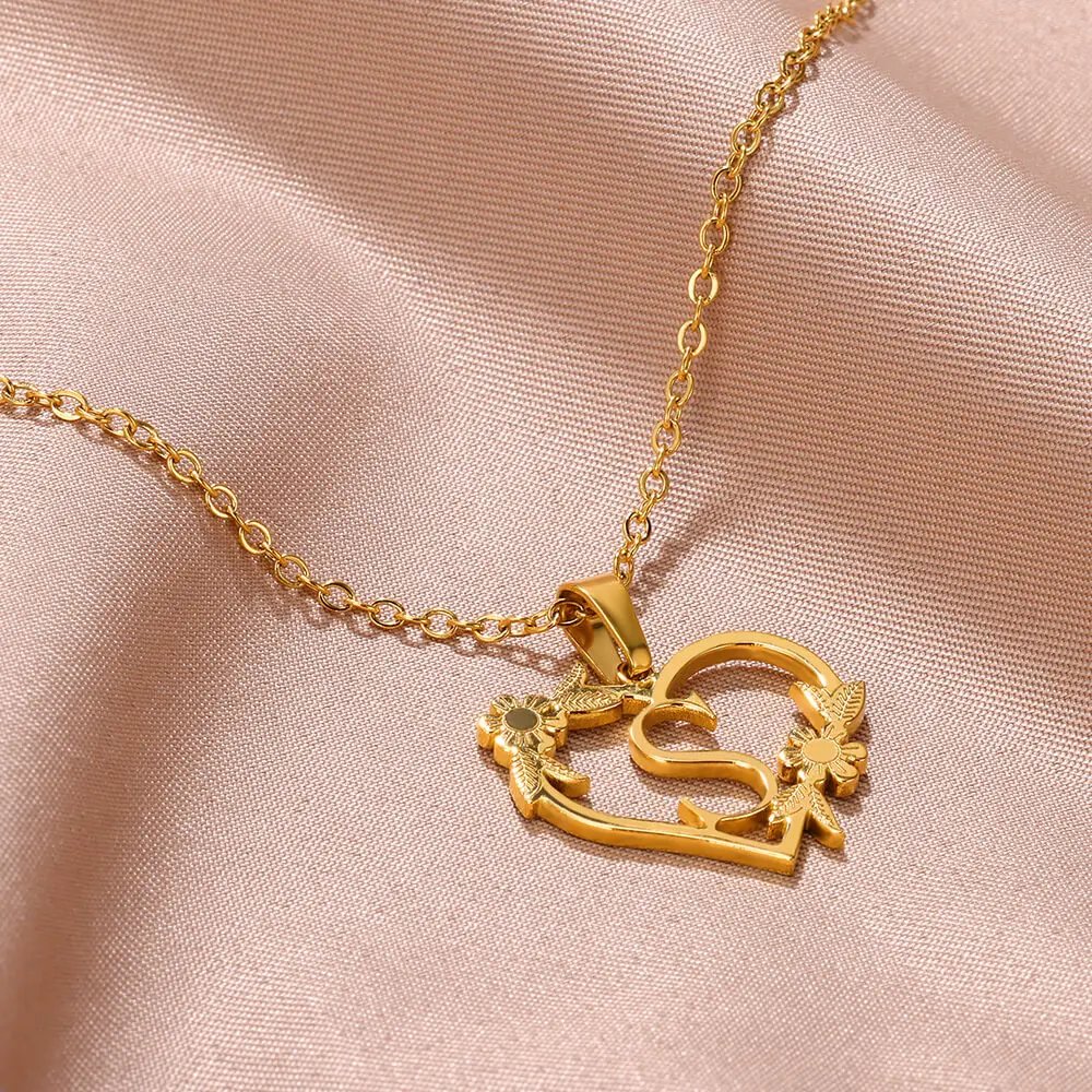 Gold Color Dainty Flower Initials Necklace Women Girl Stainless Steel Heart Letter Choker Necklace Best Gifts Alphabet Jewelry