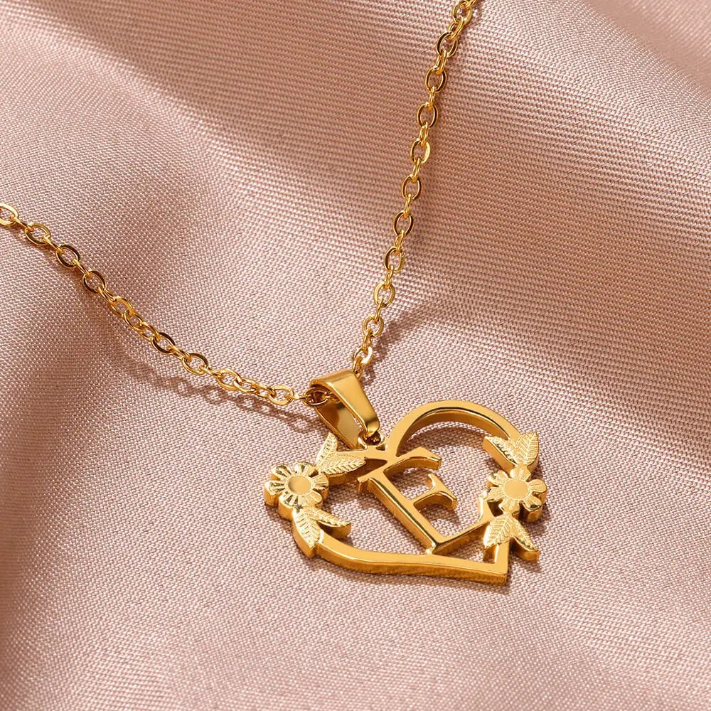 Gold Color Dainty Flower Initials Necklace Women Girl Stainless Steel Heart Letter Choker Necklace Best Gifts Alphabet Jewelry