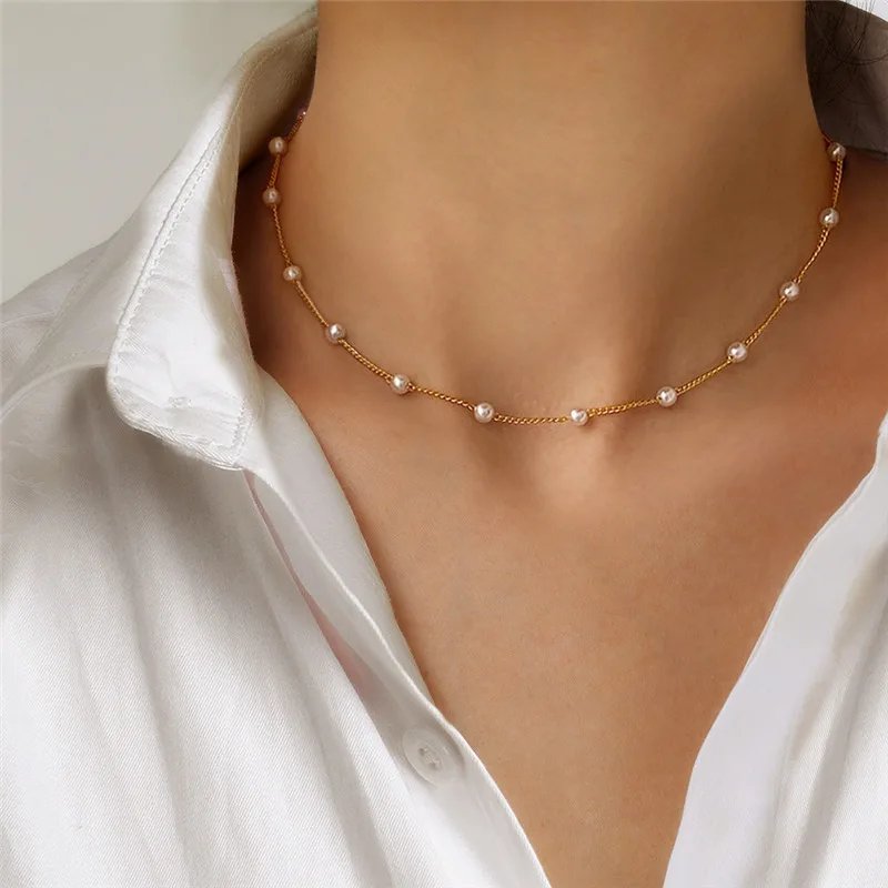 Women's Neck Chain Kpop Pearl Choker Necklace Gold Color Goth Chocker Jewelry Pendant Necklaces 2022 Collar for Girl