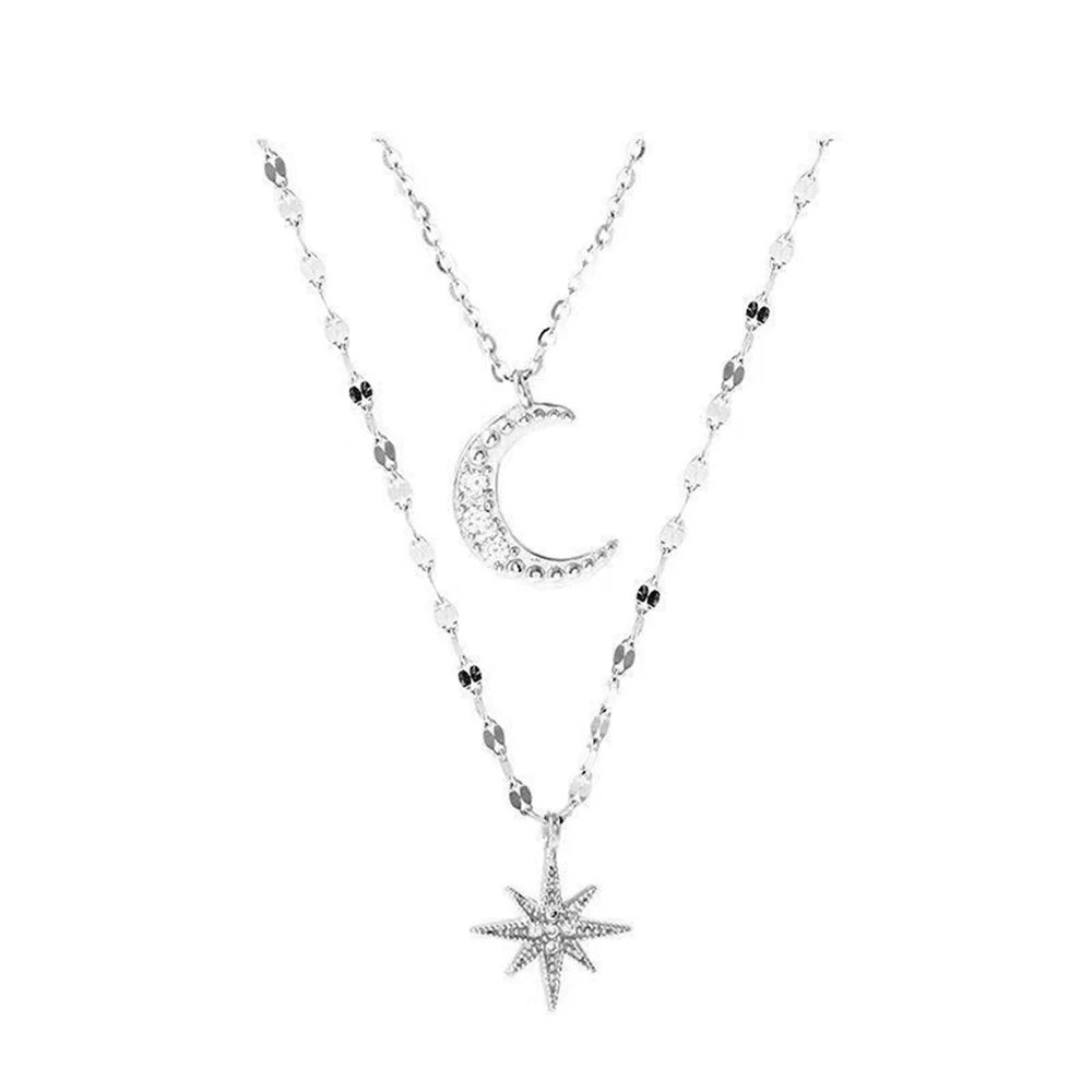 2023 Simple Double Layer Star Moon Charm  Multilayered Necklace Delicate Clavicle Chain Zircon For Women Fashion Jewelry