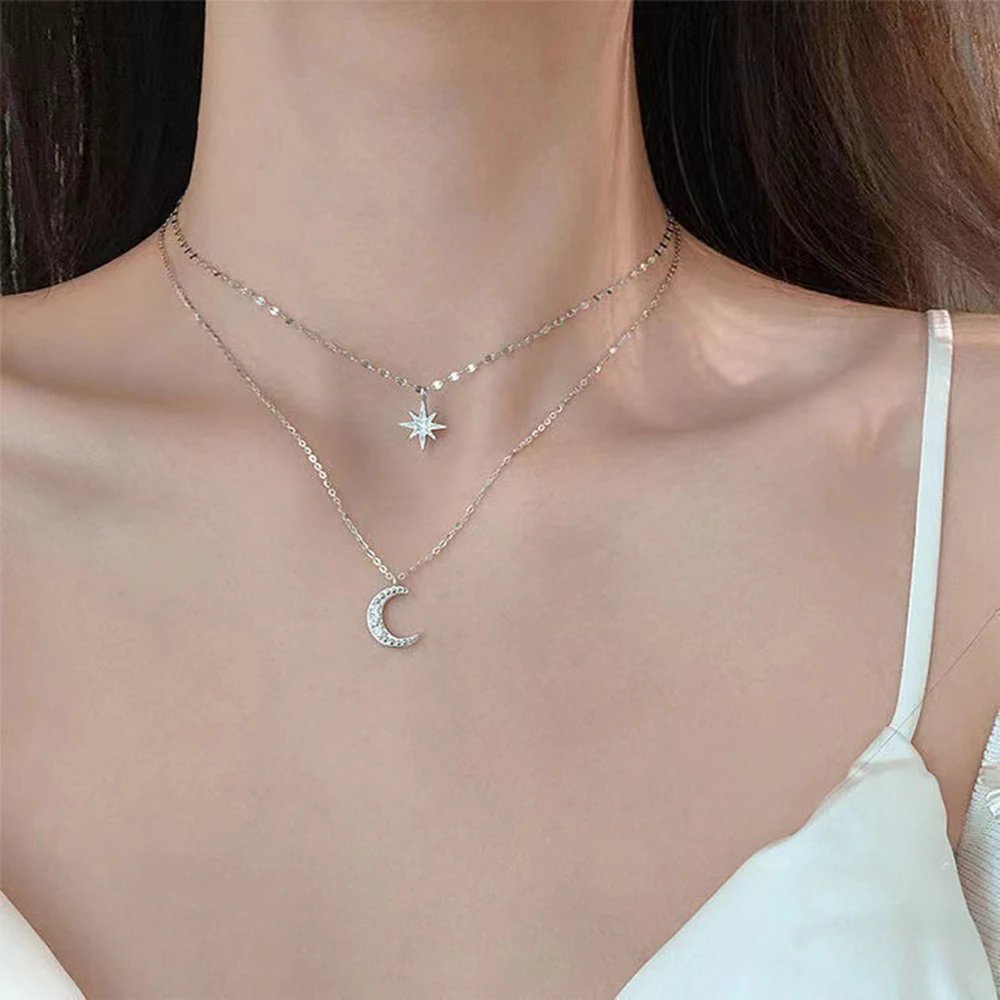 2023 Simple Double Layer Star Moon Charm  Multilayered Necklace Delicate Clavicle Chain Zircon For Women Fashion Jewelry