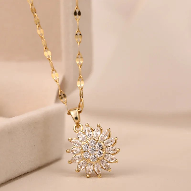 Double-layer Rotatable Sunflower Necklaces For Women Chain Choker Stainless Steel Jewelry Accessories Free Shipping Items Double-layer Rotatable Sunflower Necklaces For Women Chain Choker Stainless Steel Jewelry Accessories Free Shipping Items