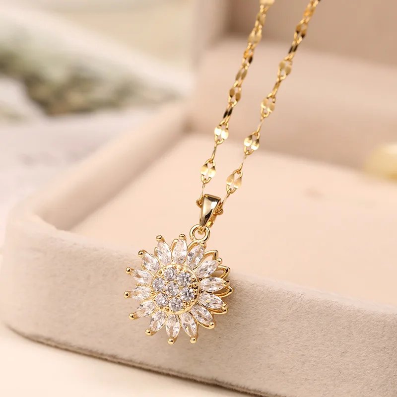 Double-layer Rotatable Sunflower Necklaces For Women Chain Choker Stainless Steel Jewelry Accessories Free Shipping Items Double-layer Rotatable Sunflower Necklaces For Women Chain Choker Stainless Steel Jewelry Accessories Free Shipping Items