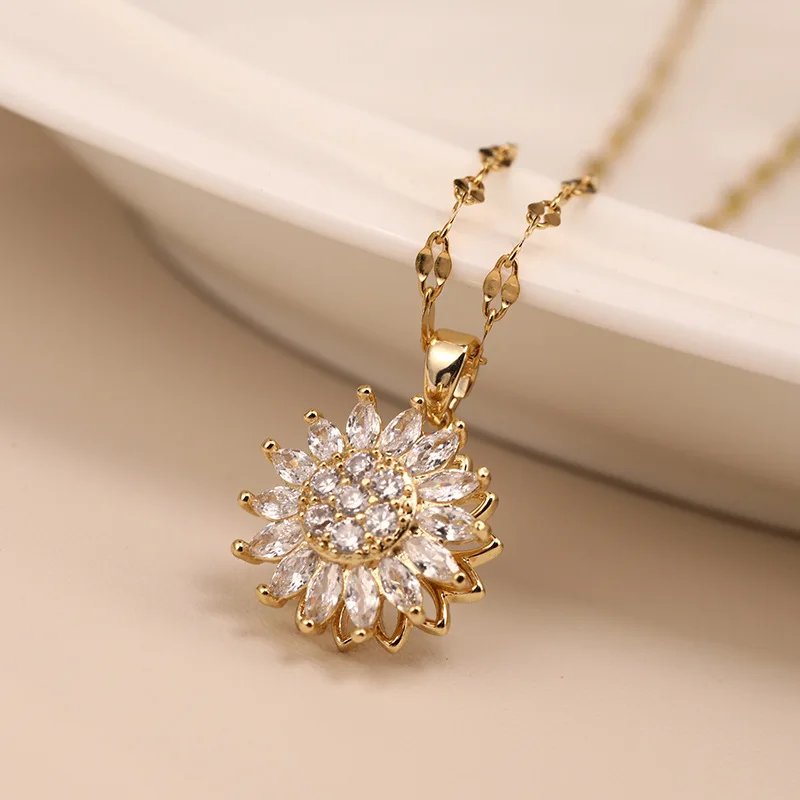 Double-layer Rotatable Sunflower Necklaces For Women Chain Choker Stainless Steel Jewelry Accessories Free Shipping Items Double-layer Rotatable Sunflower Necklaces For Women Chain Choker Stainless Steel Jewelry Accessories Free Shipping Items
