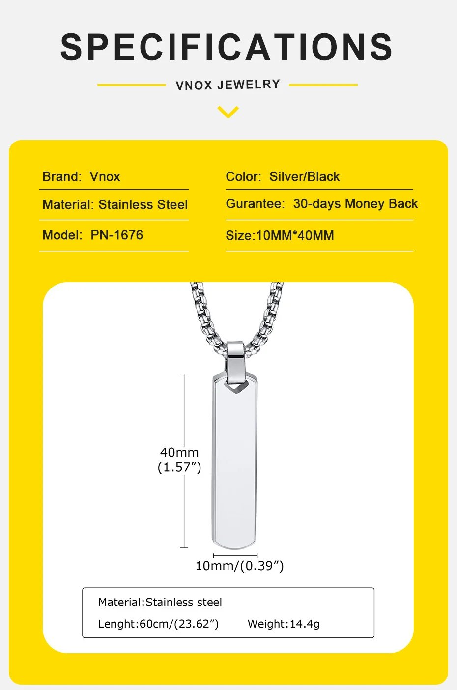 Initial Bar Necklace for Men, Thick Geometric Vertical Bar Pendant with A-Z Letters, Casual Simple Collar, Gift for Him