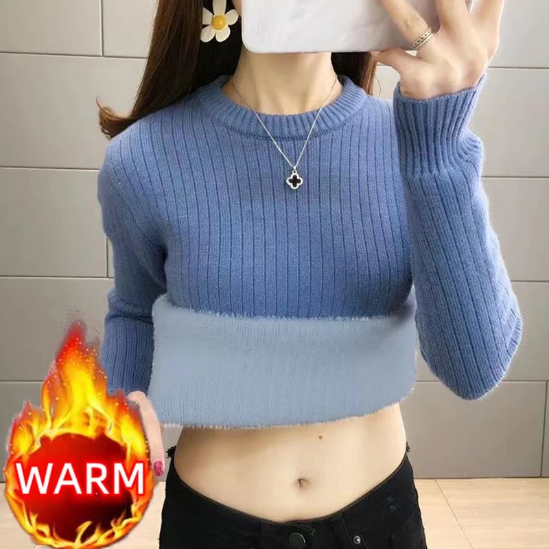 Winter Imitate Mink Wool Hot Fleecing Female O-neck Long Puff Sleeve  Elastic Casual Sweater Women Knitted Tops Pullovers Solid