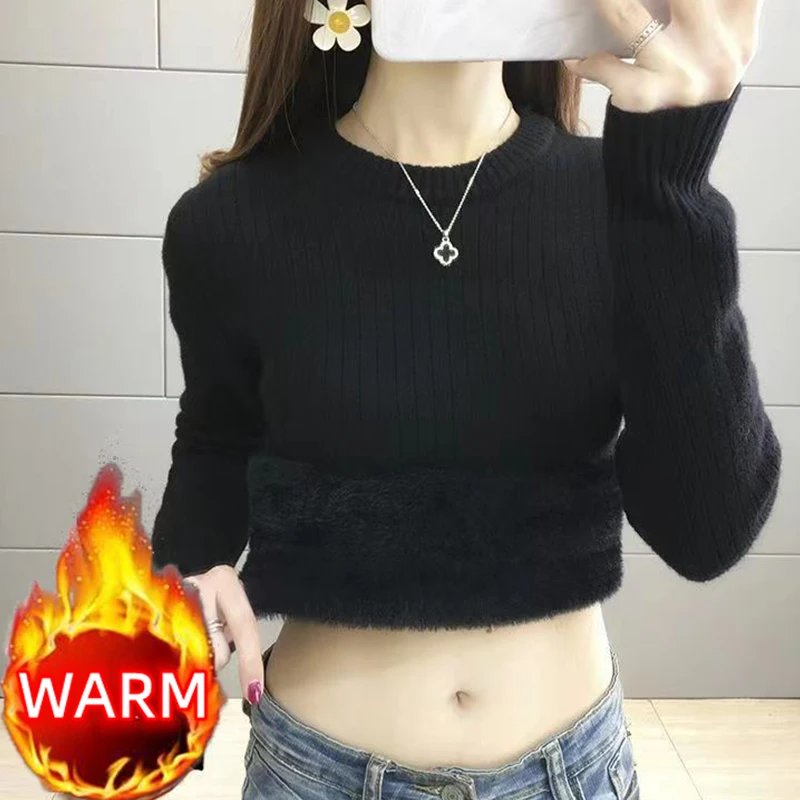 Winter Imitate Mink Wool Hot Fleecing Female O-neck Long Puff Sleeve  Elastic Casual Sweater Women Knitted Tops Pullovers Solid