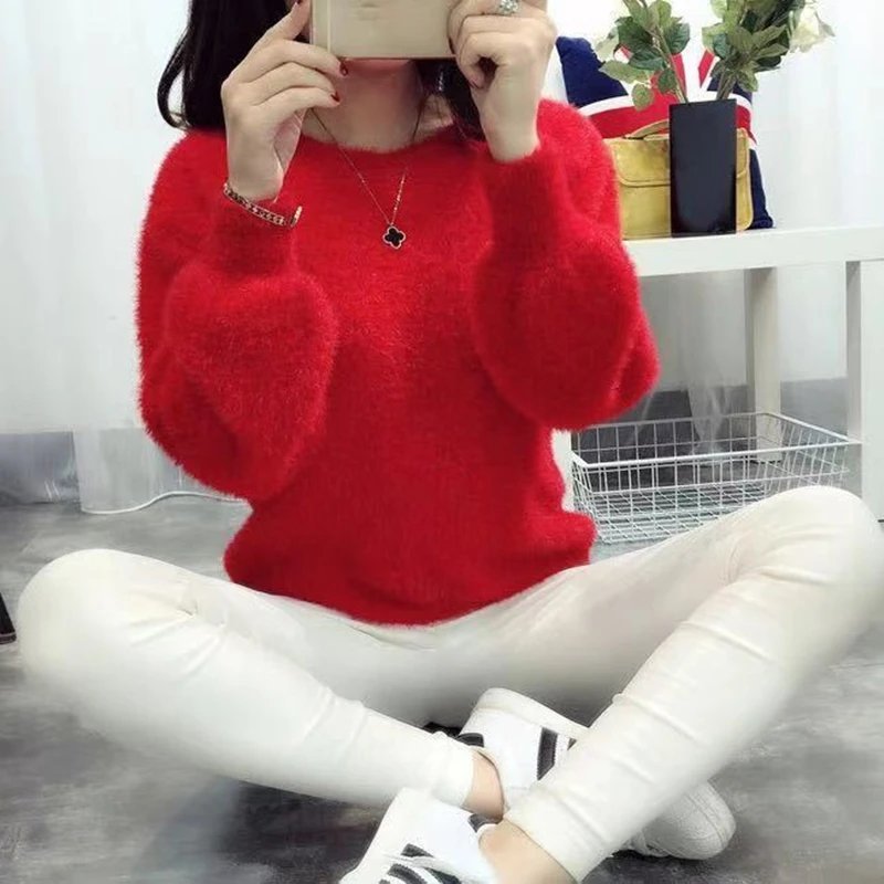 Winter Imitate Mink Wool Hot Fleecing Female O-neck Long Puff Sleeve  Elastic Casual Sweater Women Knitted Tops Pullovers Solid