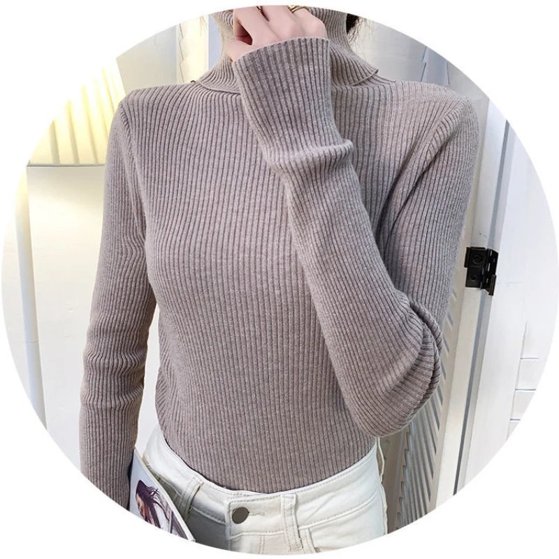 New 2023 Women Pullover Turtleneck Sweater Autumn Long Sleeve Slim Elastic Korean Simple Basic Cheap Jumper Solid Color Top