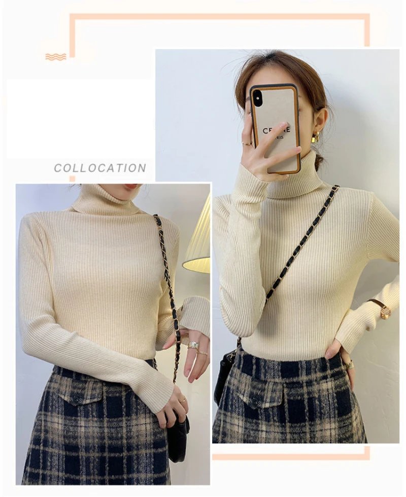 New 2023 Women Pullover Turtleneck Sweater Autumn Long Sleeve Slim Elastic Korean Simple Basic Cheap Jumper Solid Color Top