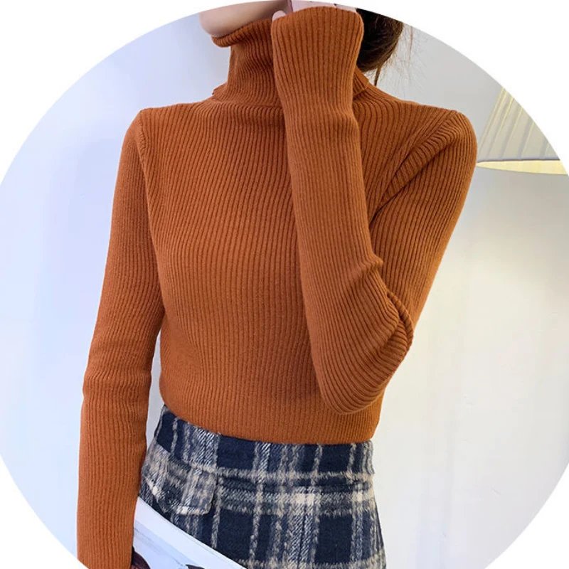 New 2023 Women Pullover Turtleneck Sweater Autumn Long Sleeve Slim Elastic Korean Simple Basic Cheap Jumper Solid Color Top