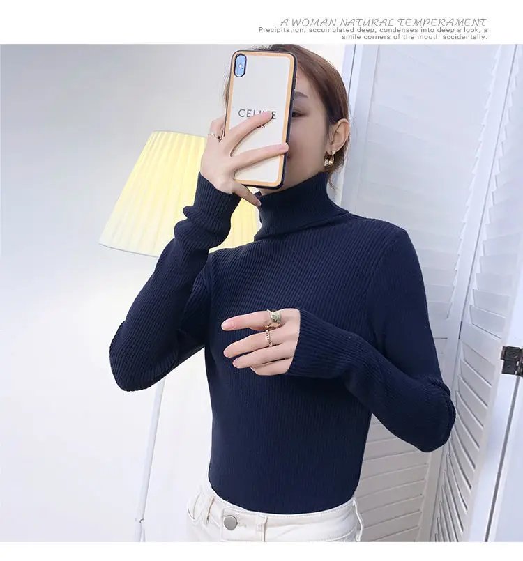 New 2023 Women Pullover Turtleneck Sweater Autumn Long Sleeve Slim Elastic Korean Simple Basic Cheap Jumper Solid Color Top