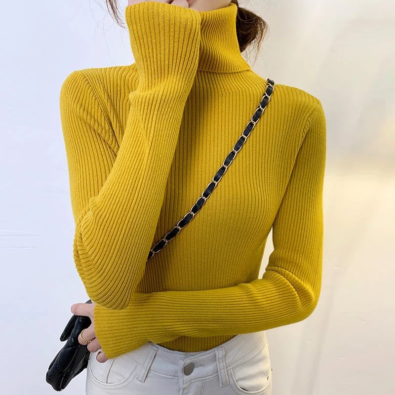New 2023 Women Pullover Turtleneck Sweater Autumn Long Sleeve Slim Elastic Korean Simple Basic Cheap Jumper Solid Color Top