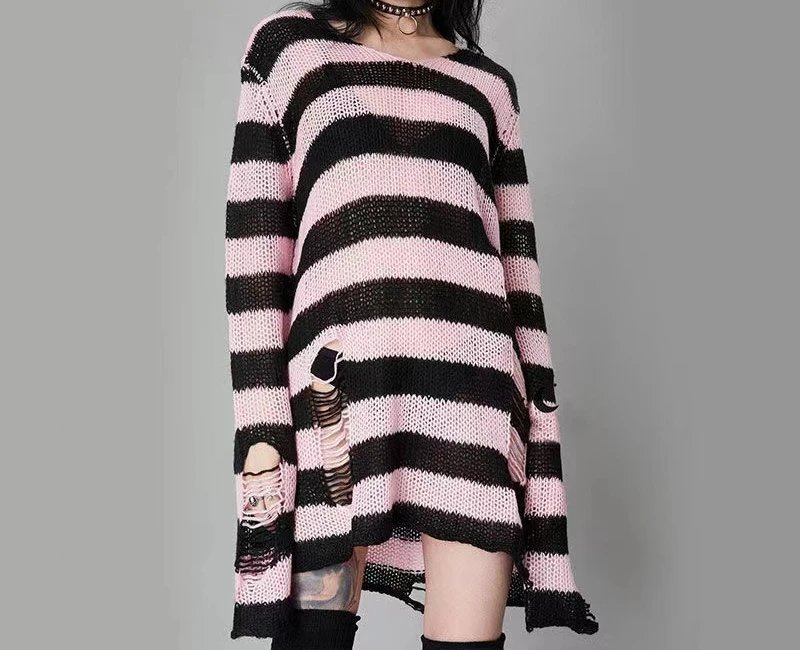 New Punk Gothic Long Unisex Sweater Summer Women Striped Cool Hollow Out Hole Broken Jumper Loose Rock Thin Dark Streetwear Top