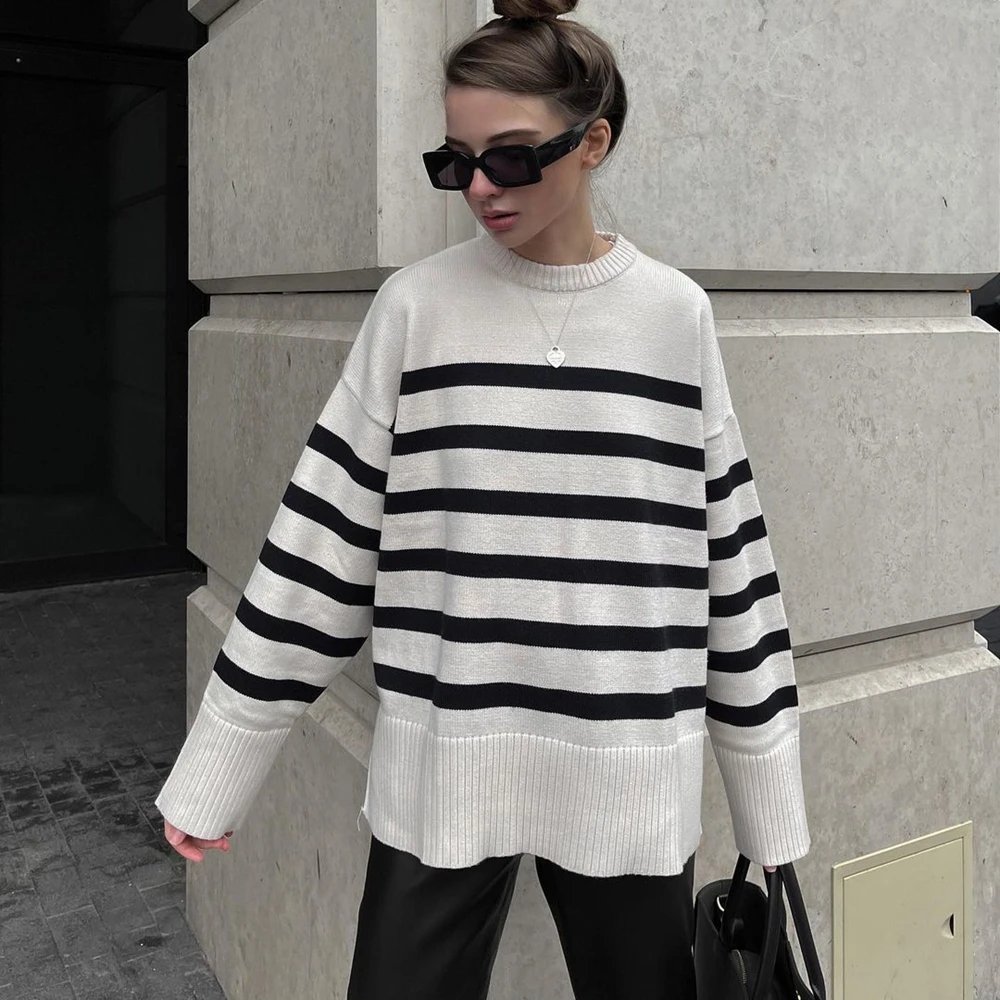 Casual Oversized Striped Pullovers Women Knitted Basic Autumn Winter Loose-Fitting Thick Jumpers Sweaters Female Clothing