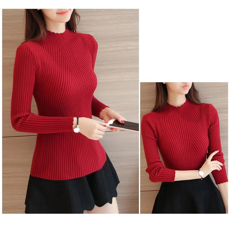 Women Mock Neck Ruffles Sweater Long Sleeve Knitted Bottoming Solid Pullovers Stripe Casual Sweater For Women 2023 Autumn