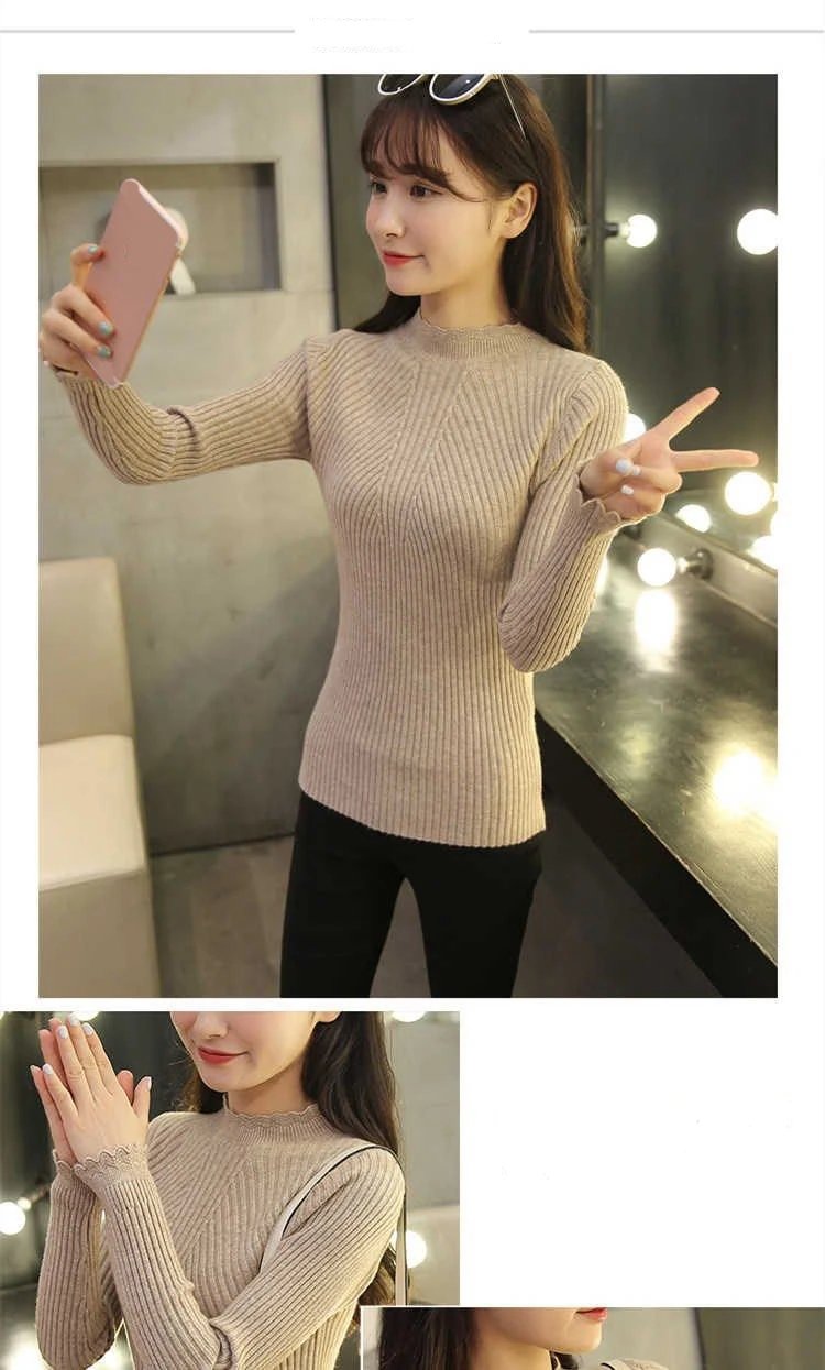 Women Mock Neck Ruffles Sweater Long Sleeve Knitted Bottoming Solid Pullovers Stripe Casual Sweater For Women 2023 Autumn