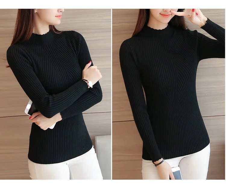 Women Mock Neck Ruffles Sweater Long Sleeve Knitted Bottoming Solid Pullovers Stripe Casual Sweater For Women 2023 Autumn