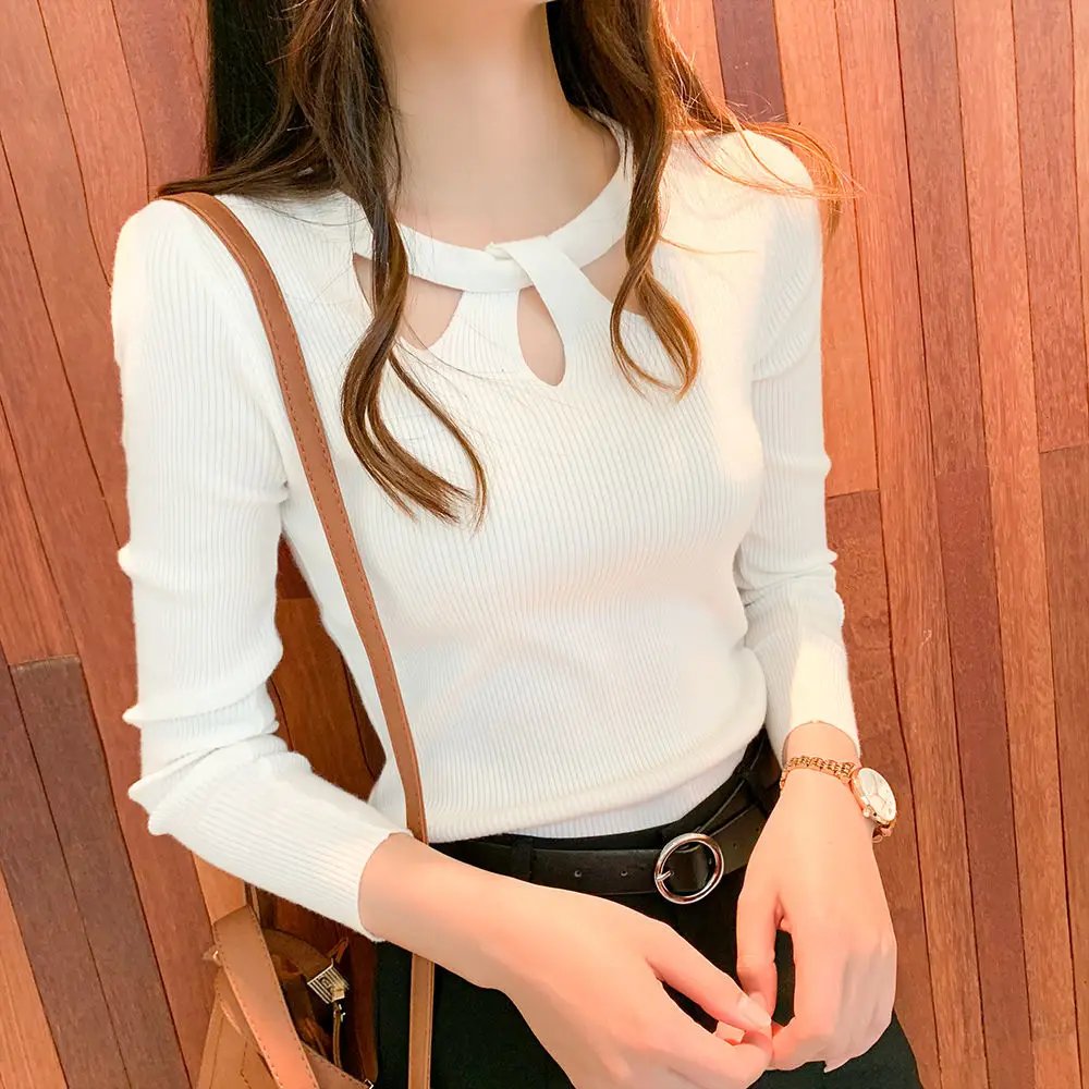 Women's O-neck Stretch Sexy Pullover Lady 2023 Autumn Winter Hollow Solid Color Sweater Slim Bottoming Shirt Jumper Sueter 16639