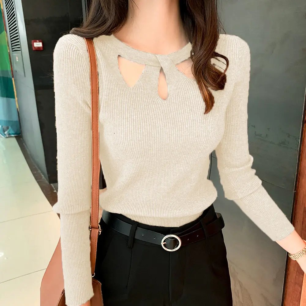 Women's O-neck Stretch Sexy Pullover Lady 2023 Autumn Winter Hollow Solid Color Sweater Slim Bottoming Shirt Jumper Sueter 16639