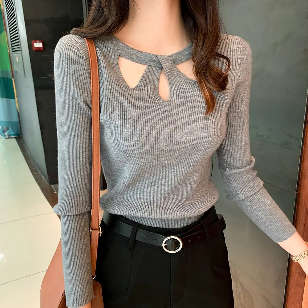 Women's O-neck Stretch Sexy Pullover Lady 2023 Autumn Winter Hollow Solid Color Sweater Slim Bottoming Shirt Jumper Sueter 16639
