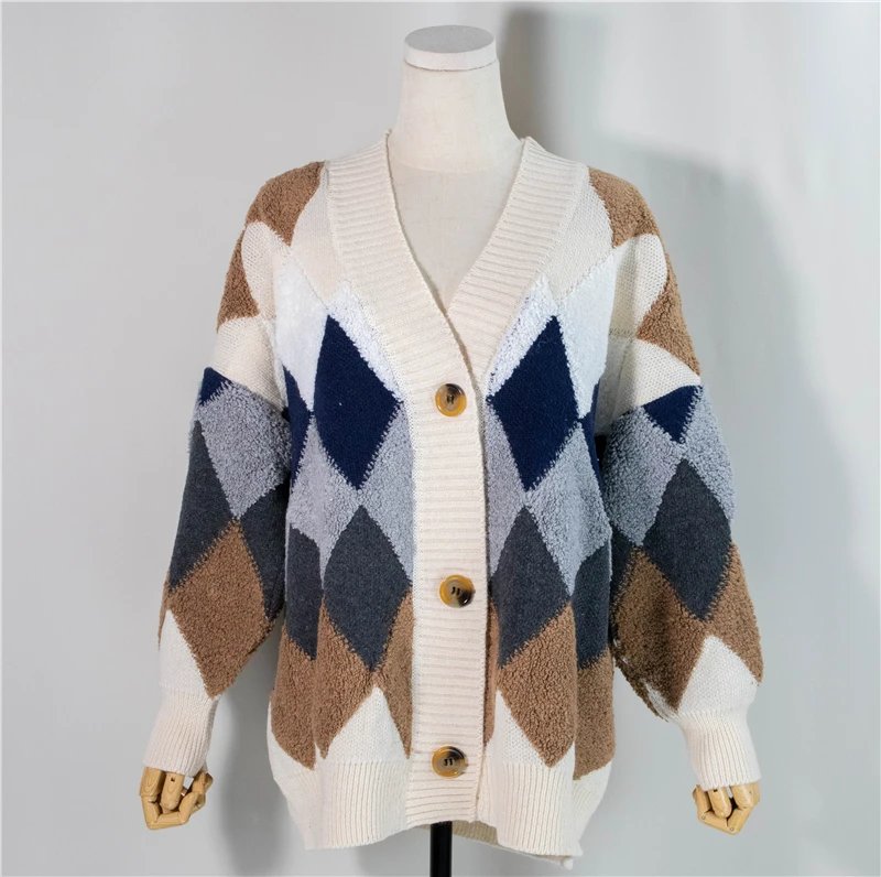 Colorfaith 2023 Plaid Chic Cardigans Button Puff Sleeve Checkered Oversized Women's Sweaters Winter Spring Sweater Tops SW658
