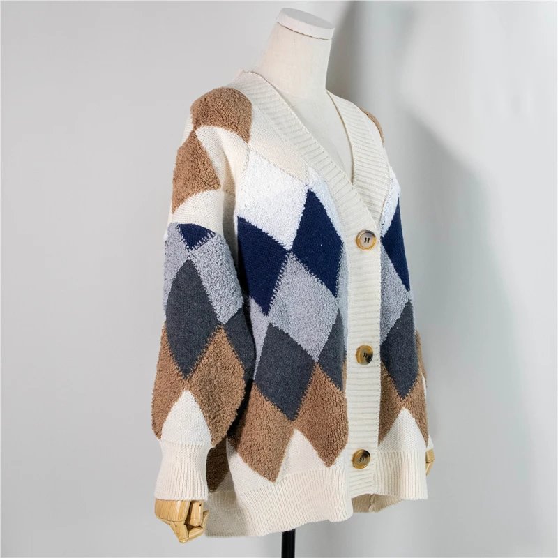 Colorfaith 2023 Plaid Chic Cardigans Button Puff Sleeve Checkered Oversized Women's Sweaters Winter Spring Sweater Tops SW658