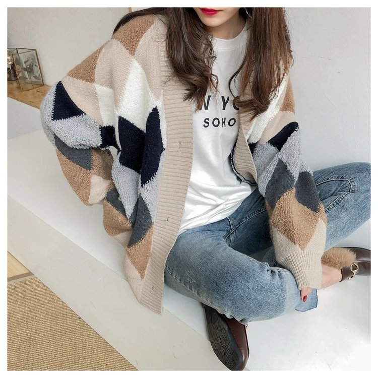 Colorfaith 2023 Plaid Chic Cardigans Button Puff Sleeve Checkered Oversized Women's Sweaters Winter Spring Sweater Tops SW658