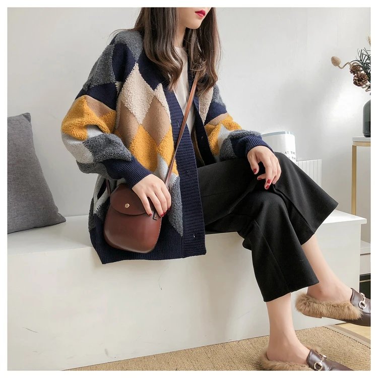 Colorfaith 2023 Plaid Chic Cardigans Button Puff Sleeve Checkered Oversized Women's Sweaters Winter Spring Sweater Tops SW658