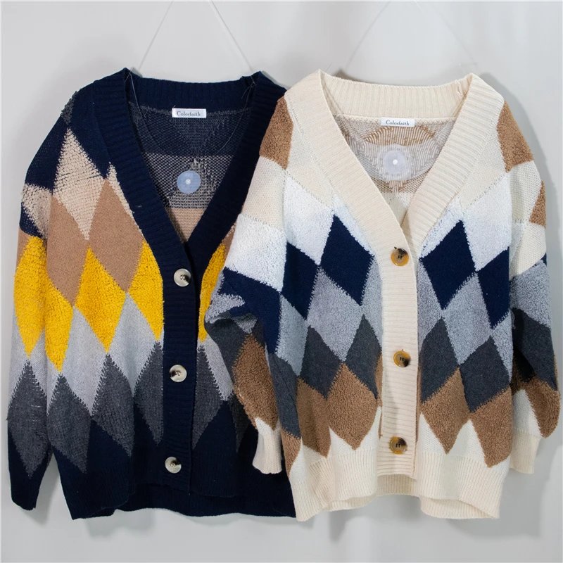 Colorfaith 2023 Plaid Chic Cardigans Button Puff Sleeve Checkered Oversized Women's Sweaters Winter Spring Sweater Tops SW658