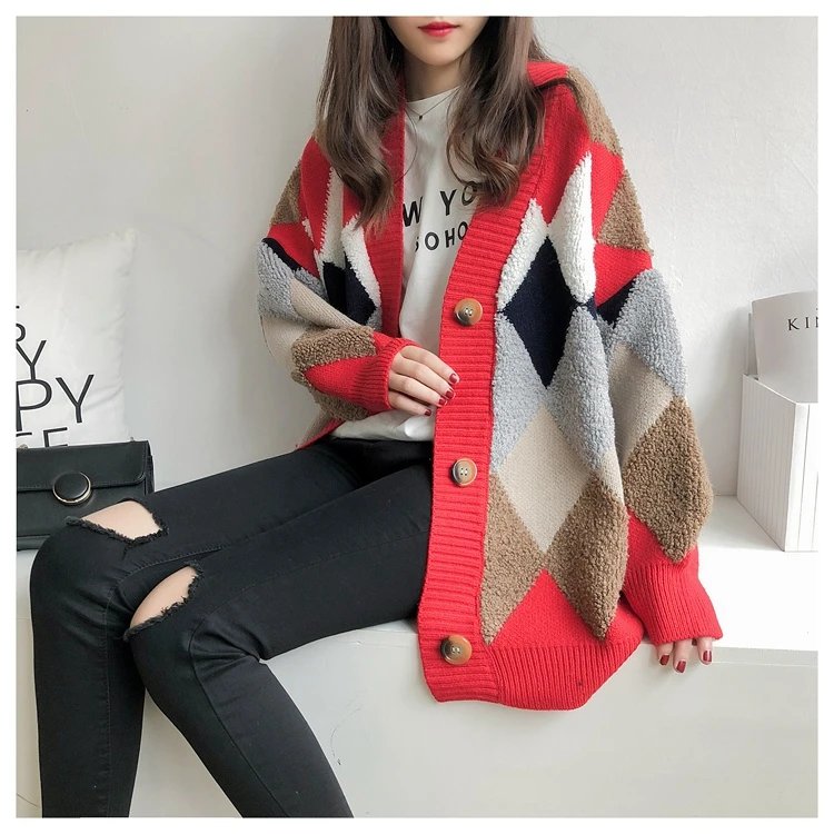Colorfaith 2023 Plaid Chic Cardigans Button Puff Sleeve Checkered Oversized Women's Sweaters Winter Spring Sweater Tops SW658