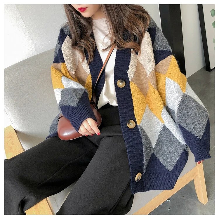 Colorfaith 2023 Plaid Chic Cardigans Button Puff Sleeve Checkered Oversized Women's Sweaters Winter Spring Sweater Tops SW658